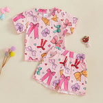 Baby Toddler Kids Girls 2Pcs Summer Outfit Bow Print Crew Neck Short Sleeve T-Shirt Top Frilly Shorts Clothes Set