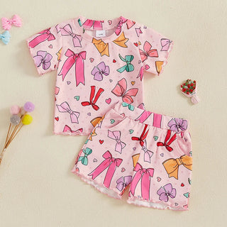 Baby Toddler Kids Girls 2Pcs Summer Outfit Bow Print Crew Neck Short Sleeve T-Shirt Top Frilly Shorts Clothes Set