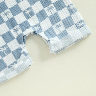 Baby Boy Romper Summer Short Sleeve Round Neck Checkered Tree Print Jumpsuit Playsuit