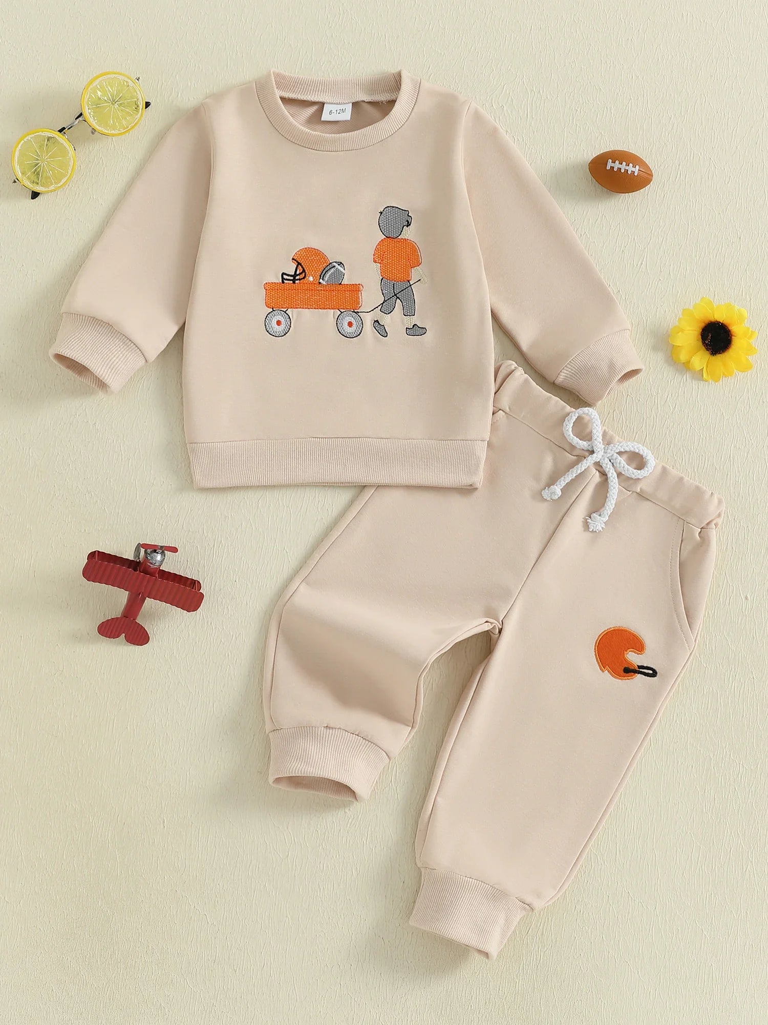 Baby Toddler Boys 2Pcs Autumn Long Sleeve Football Embroidery Top Drawstring Jogger Pants Set