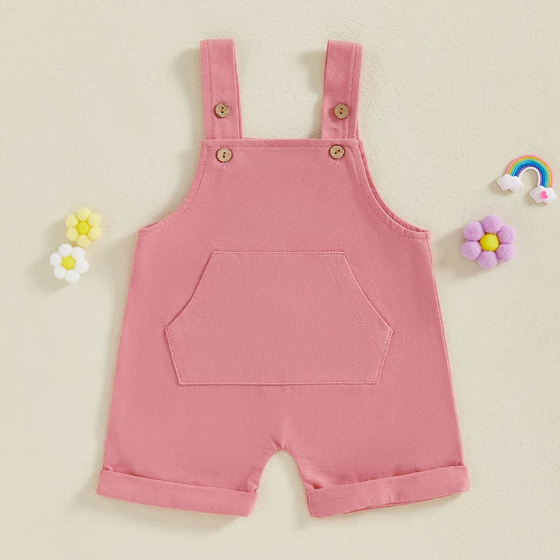 Baby Toddler Boys Girls Overalls Tank Sleeveless Square Neck Front Pocket Suspender Shorts Romper