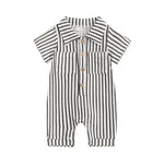 Baby Boy Striped Romper Short Sleeve Front Pocket Single-breasted Button Collar Legs Jumpsuit