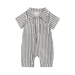 Baby Boy Striped Romper Short Sleeve Front Pocket Single-breasted Button Collar Legs Jumpsuit