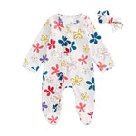 Baby Girls 2Pcs Long Sleeve Strawberry Flower Butterfly Print Frills Zipper Footies Jumpsuit and Headband Romper Set