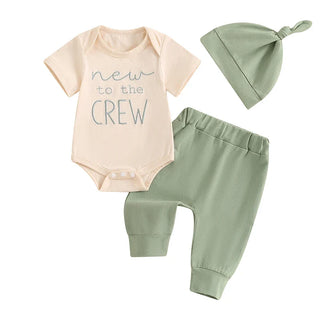 Baby Boy 3Pcs New To The Crew Outfit Letter Short Sleeve Romper with Solid Color Pants and Hat Set