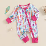 Baby Boys Girls Autumn Casual Romper Long Sleeve Crew Neck Fish Print Zipper Jumpsuit