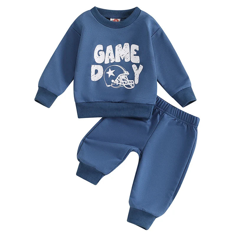 Baby Toddler Boys 2Pcs Game Day Cartoon Letter Football Print Long Sleeve Pullover Top + Casual Pants Set