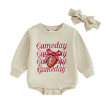 Baby Girls 2Pcs Gameday Football Letter Bow Print Long Sleeve Bubble Romper Headband Outfit Set