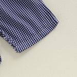 Baby Girl 4th of July Romper Smocked Plaid Pattern American Flag Embroidery Ruffled Doll Collar Short Sleeve Jumpsuit