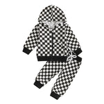 Baby Toddler Boy 2Pcs Checkered Outfit Long Sleeve Zip Up Hoodie Elastic Waist Pants with Pockets Jogger Set