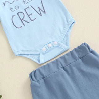 Baby Boy 3Pcs New To The Crew Outfit Letter Short Sleeve Romper with Solid Color Pants and Hat Set