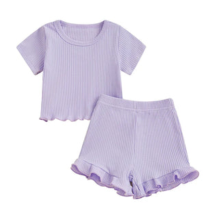 Baby Toddler Girls 2Pcs Ribbed Outfit Solid Color Short Sleeve T-Shirt Top Elastic Waist Ruffle Shorts Set