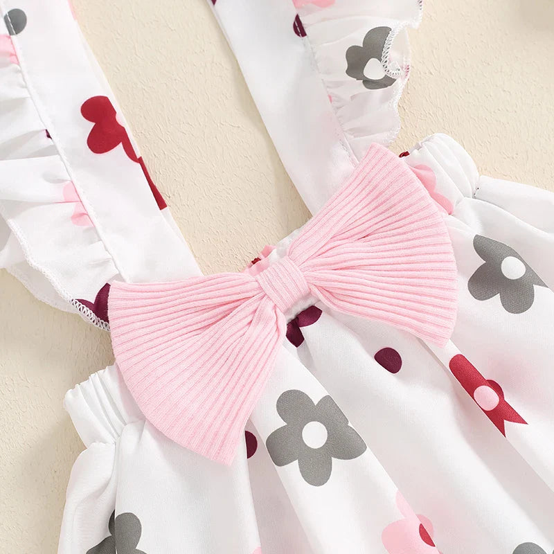 Baby Girls 3Pcs Fall Outfit Long Sleeve Ribbed Romper + Bow Suspender Flower Print Skirt + Headband Set