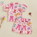 Baby Toddler Kids Girls 2Pcs Summer Outfit Bow Print Crew Neck Short Sleeve T-Shirt Top Frilly Shorts Clothes Set