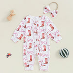 Baby Girl 2Pcs Fall Jumpsuit Ruffled Zip Up Boots Ribbons Print Long Sleeve Round Neck Zipper Romper Bow Headband Set