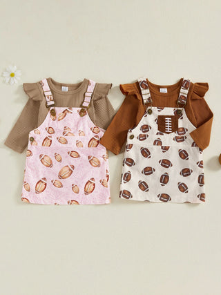 Baby Toddler Girls 2Pcs Fall Outfit Long Sleeve Romper + Football Print Overall Dress Set Clothes