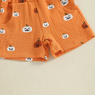 Baby Boys Halloween Outfits Pumpkin Print Button Short Sleeves T-Shirt and Elastic Shorts Set Clothes Set