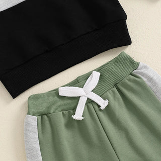 Baby Toddler Boys 2Pcs Long Sleeve Round Neck Top Drawstring Long Pants Contrast Color Outfit Set