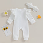 Baby Girl 2Pcs Clothes Ruffle Zipper Romper Long Sleeve Jumpsuit with Bow Headband