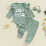 Baby Girls 3Pcs Auntie's Bestie Ribbed Letter Print Long Sleeve Round Neck Ruffled Romper Pants Hair Band Outfit Set
