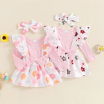Baby Girls 3Pcs Fall Outfit Long Sleeve Ribbed Romper + Bow Suspender Flower Print Skirt + Headband Set