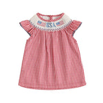 Baby Toddler Girls 4th of July Dress Loose Fit Plaid American Flag Embroidery Smocked Crew Neck Flying Sleeve Dress