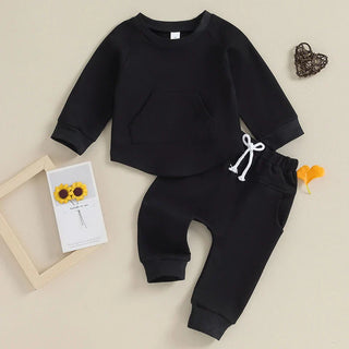 Toddler Baby Boy Girl 2Pcs Set Crewneck Solid Color Long Sleeve Top with Pocket Jogger Pants Outfit