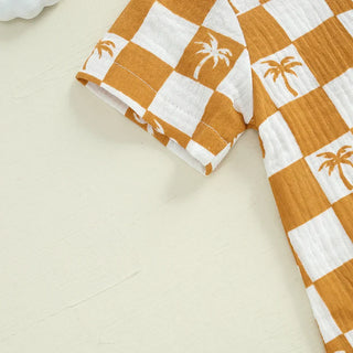 Baby Boy Romper Summer Short Sleeve Round Neck Checkered Tree Print Jumpsuit Playsuit
