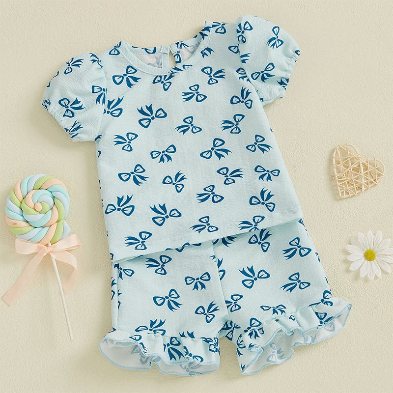 Baby Toddler Girls 2Pcs Summer Outfit Bow Pattern Crew Neck Short Sleeve T-Shirt Top with Ruffled Shorts Set