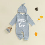 Baby Boys 2Pcs Autumn Striped Jumpsuit Long Sleeve Crewneck Letter Little Bro Embroidery Romper with Hat Set