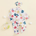 Baby Girls 2Pcs Long Sleeve Strawberry Flower Butterfly Print Frills Zipper Footies Jumpsuit and Headband Romper Set