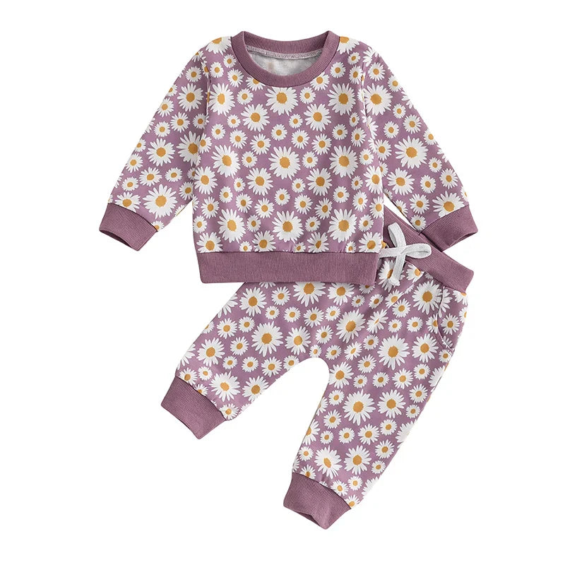 Baby Toddler Girls 2Pcs Fall Outfit Daisy Flower Print Long Sleeve Crewneck Top and Elastic Pants Jogger Set