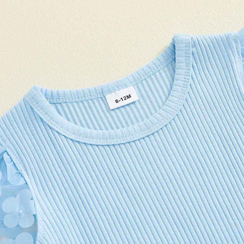 Toddler Kids Girls 2Pcs Summer Outfit Mesh Flower Sleeve Ribbed Top Floral Checker Print Skirt Set