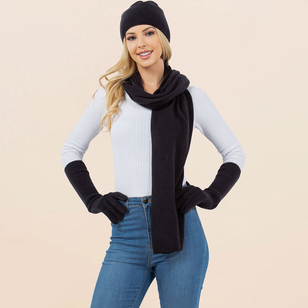 3PCS - Solid Winter Beanie Hat Scarf Gloves Set