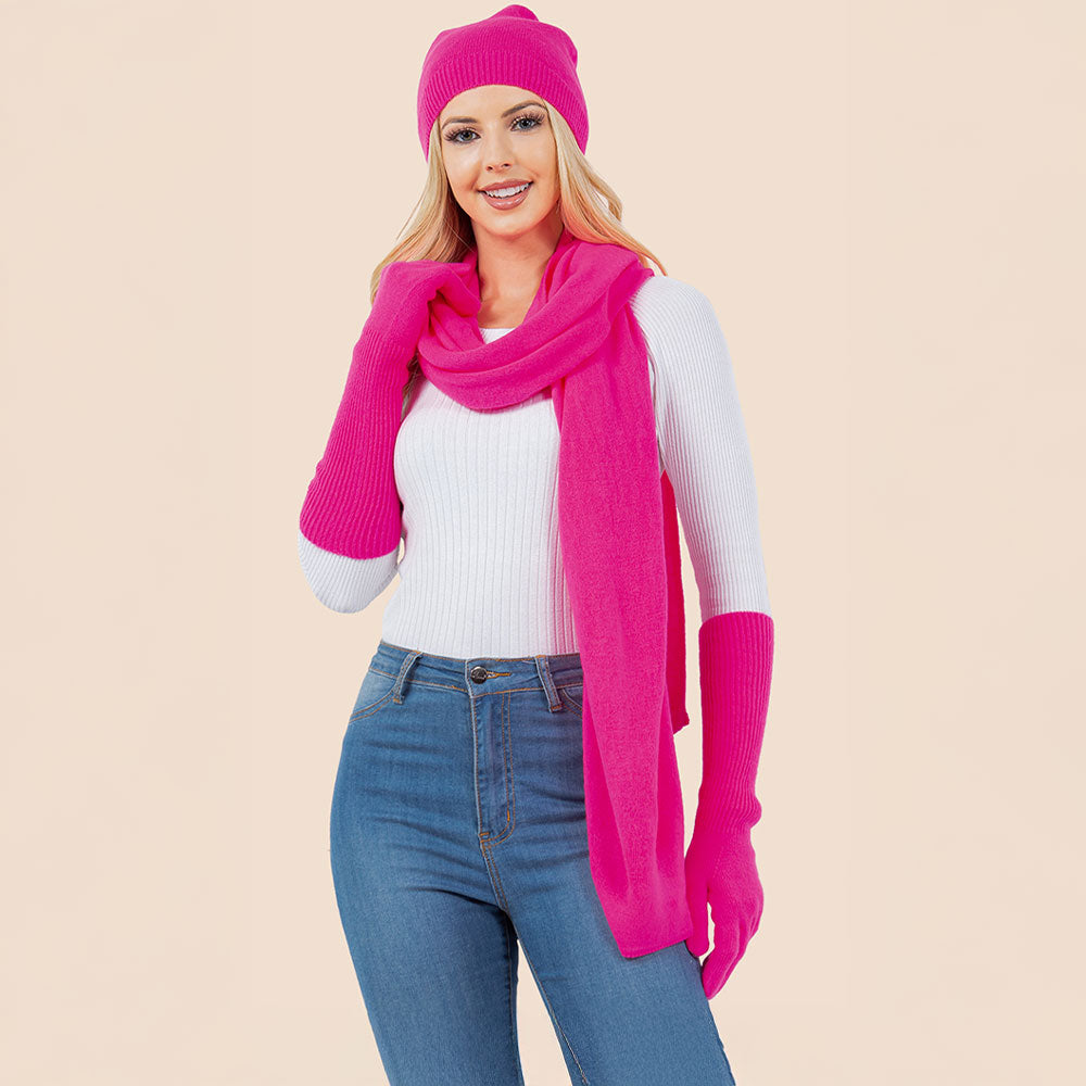 3PCS - Solid Winter Beanie Hat Scarf Gloves Set