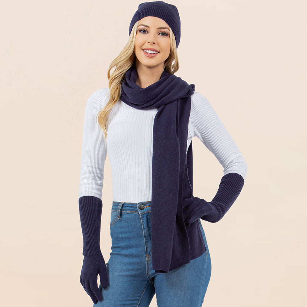 3PCS - Solid Winter Beanie Hat Scarf Gloves Set
