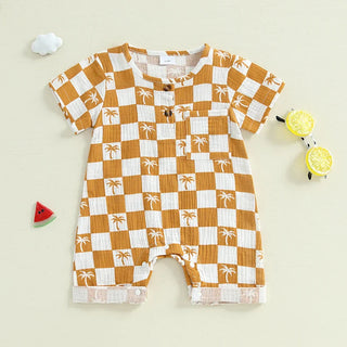 Baby Boy Romper Summer Short Sleeve Round Neck Checkered Tree Print Jumpsuit Playsuit