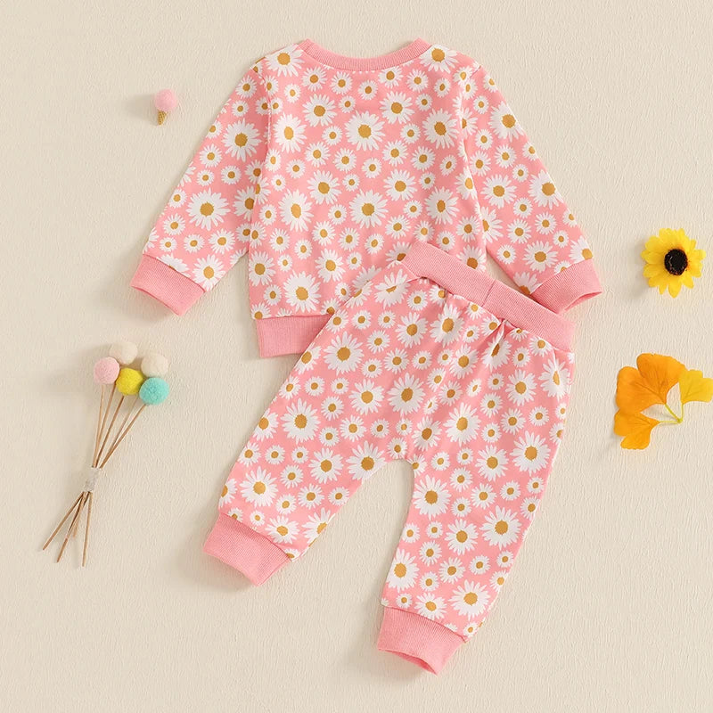 Baby Toddler Girls 2Pcs Fall Outfit Daisy Flower Print Long Sleeve Crewneck Top and Elastic Pants Jogger Set