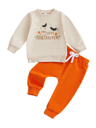 Baby Toddler Boys 2Pcs My First Halloween Outfit Letter Print Long Sleeve Top with Bat Embroidered Jogger Pants Set