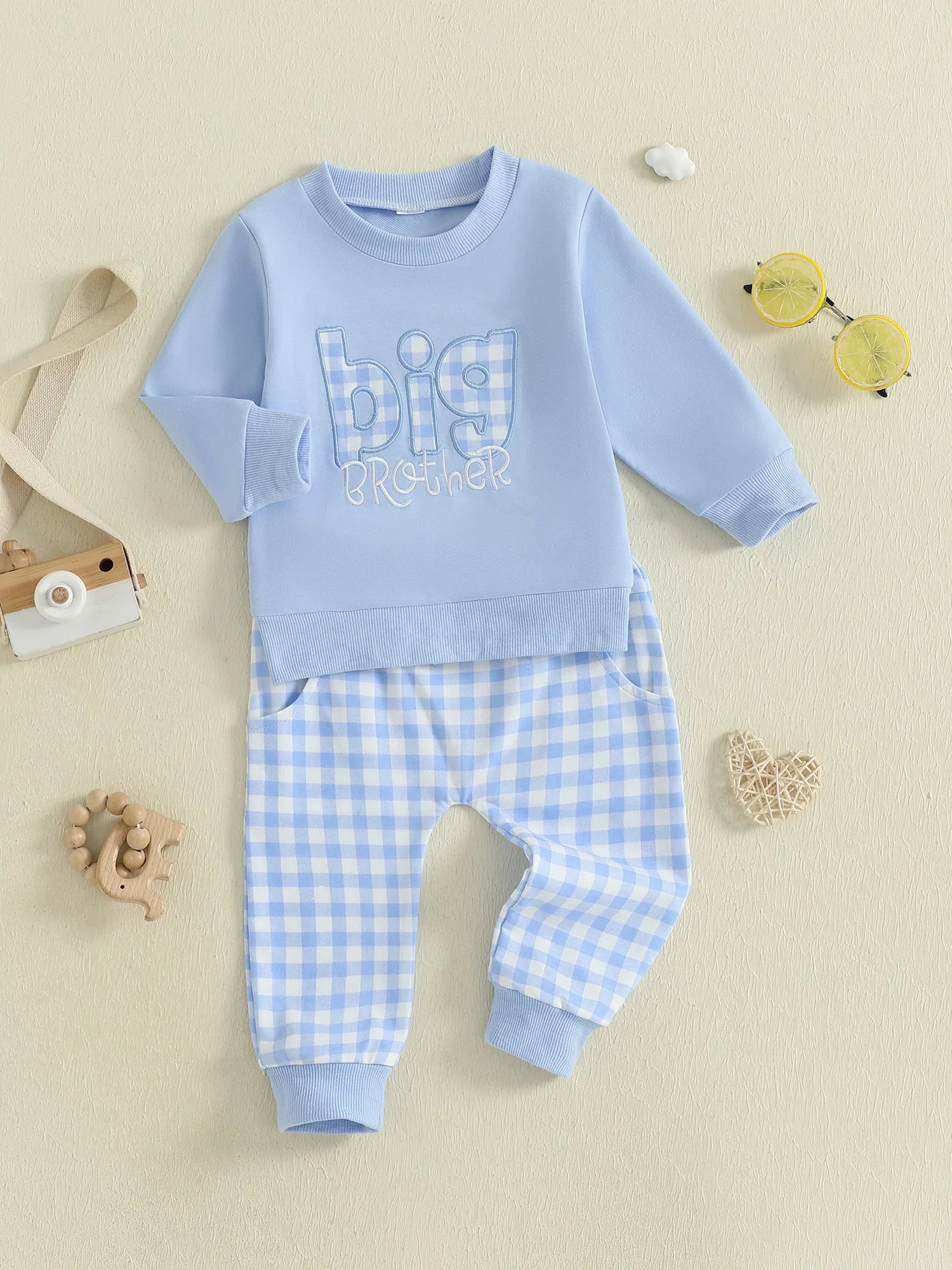 Baby Toddler Boys 2Pcs Fall Outfit Letter Embroidery Big Brother Long Sleeve Top and Elastic Plaid Pants Clothes