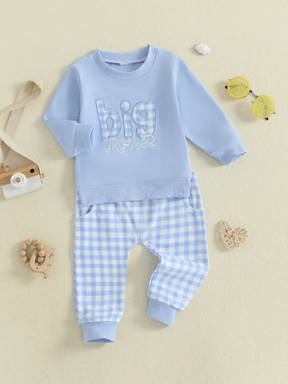 Baby Toddler Boys 2Pcs Fall Outfit Letter Embroidery Big Brother Long Sleeve Top and Elastic Plaid Pants Clothes