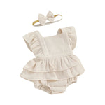 Baby Girls 2Pcs Romper Dress Solid Color Fly Sleeve Skirt Hem Tank Top Bodysuit Summer Clothes with Headband Set