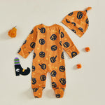 Baby Boy Girl 2Pcs Halloween Footed Zipper Romper Pumpkin Print Long Sleeve Round Neck Zip Jumpsuit with Hat Set