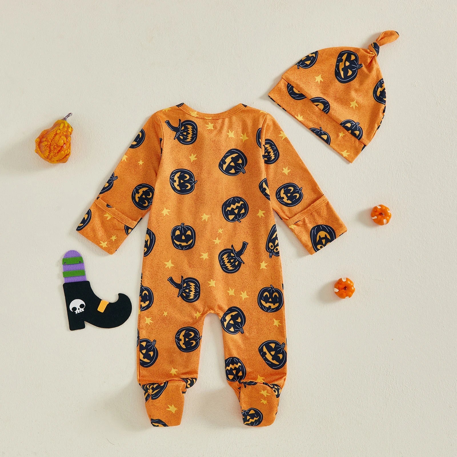 Baby Boy Girl 2Pcs Halloween Footed Zipper Romper Pumpkin Print Long Sleeve Round Neck Zip Jumpsuit with Hat Set