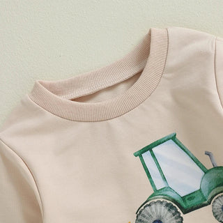 Baby Toddler Boys 2Pcs Big / Little Brother Matching Siblings Autumn Outfit Long Sleeve O Neck Letter Tractor Print Top Solid Color Pants Set