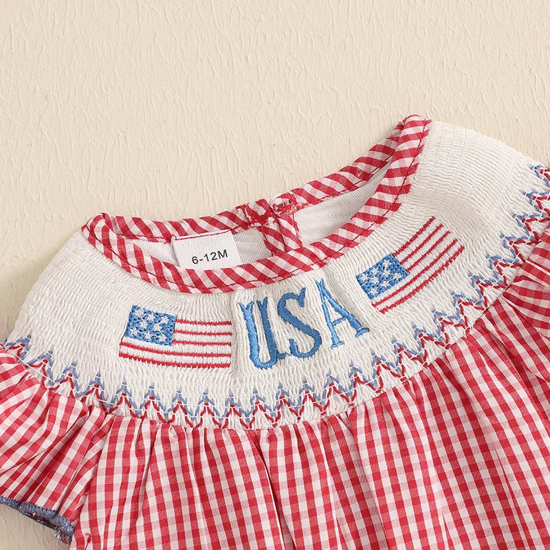 Baby Toddler Girls 4th of July Dress Loose Fit Plaid American Flag Embroidery Smocked Crew Neck Flying Sleeve Dress