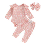 Baby Girl 3Pcs Spring Fall Outfit Floral Print Long Frill Sleeve Romper Long Flower Pants Headband Set