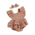 Baby Girls 2Pcs Romper Dress Solid Color Fly Sleeve Skirt Hem Tank Top Bodysuit Summer Clothes with Headband Set