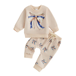 Baby Toddler Girls 2Pcs Fall Outfit Football / Baseball Bow Print Long Sleeve Crewneck Top and Elastic Pants Jogger Set