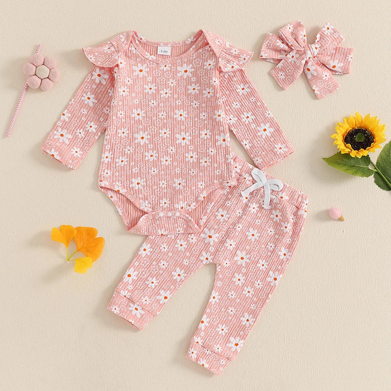 Baby Girl 3Pcs Spring Fall Outfit Floral Print Long Frill Sleeve Romper Long Flower Pants Headband Set